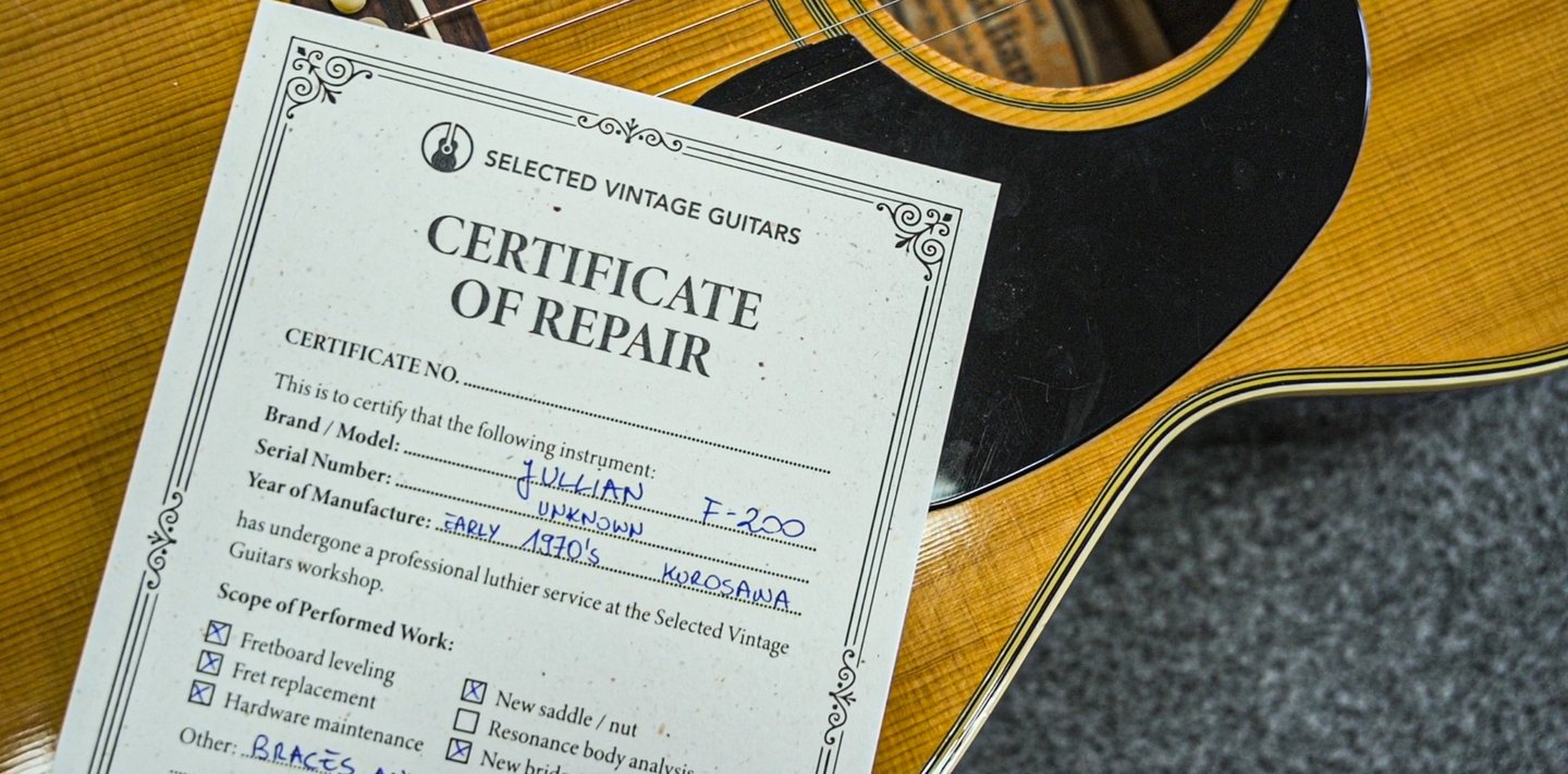 Selected Vintage Guitars Reparaturzertifikat — ein Beispiel aus unserer Werkstatt.