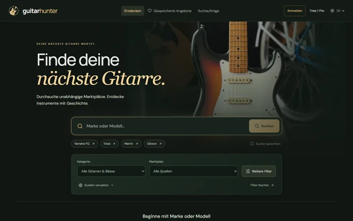 GuitarHunter — Vorschau der Gitarrensuche mit Marken- und Plattformfiltern