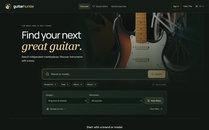 GuitarHunter — aperçu de la recherche de guitares avec filtres de marque et de marché