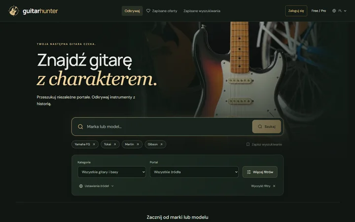 GuitarHunter &mdash; vista previa del buscador de guitarras con selecci&oacute;n de marca y plataforma